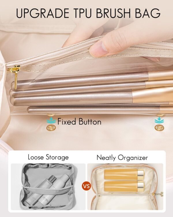 Vlando Makeup Bag,Gifts for Teachers,Large Capacity Toiletry Bag for Women Waterproof Portable Make up Pouch PU Leather Open Flat Cosmetic Bag(Toffee) - Image 3