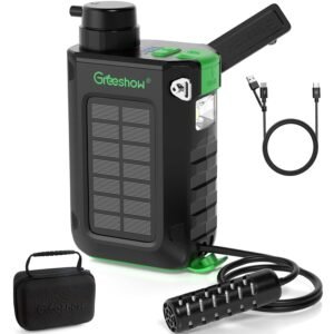 Greeshow Electric Portable Water Filter Camping – Solar Powered, Hand Crank, USB Charging, Water Purifier Survival with Emergency Light for Hiking Backpacking Travel Outdoor, Phone Charger, GS-2811