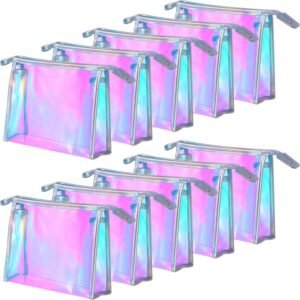 10 Pcs Iridescent Makeup Bags, Holographic Cosmetic Organizer, Waterproof Travel Toiletry Pouch with Zipper, Portable Organizer for Women, Clear PVC Gift Bags