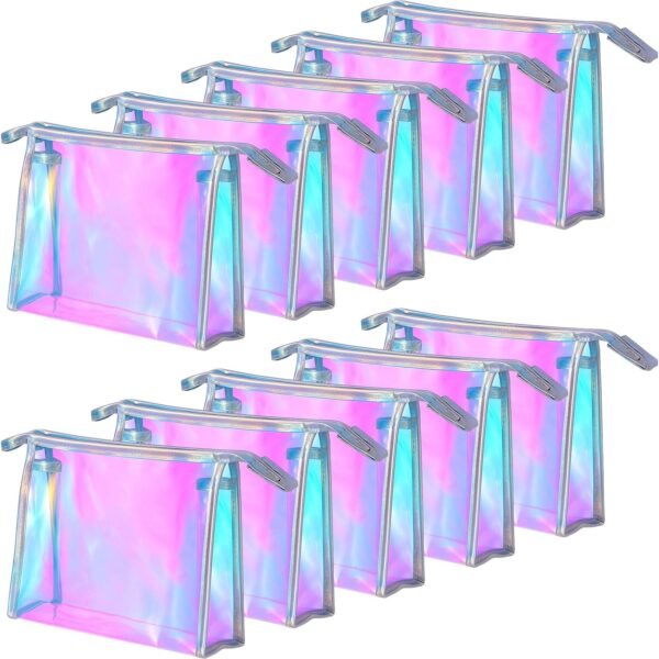 10 Pcs Iridescent Makeup Bags, Holographic Cosmetic Organizer, Waterproof Travel Toiletry Pouch with Zipper, Portable Organizer for Women, Clear PVC Gift Bags