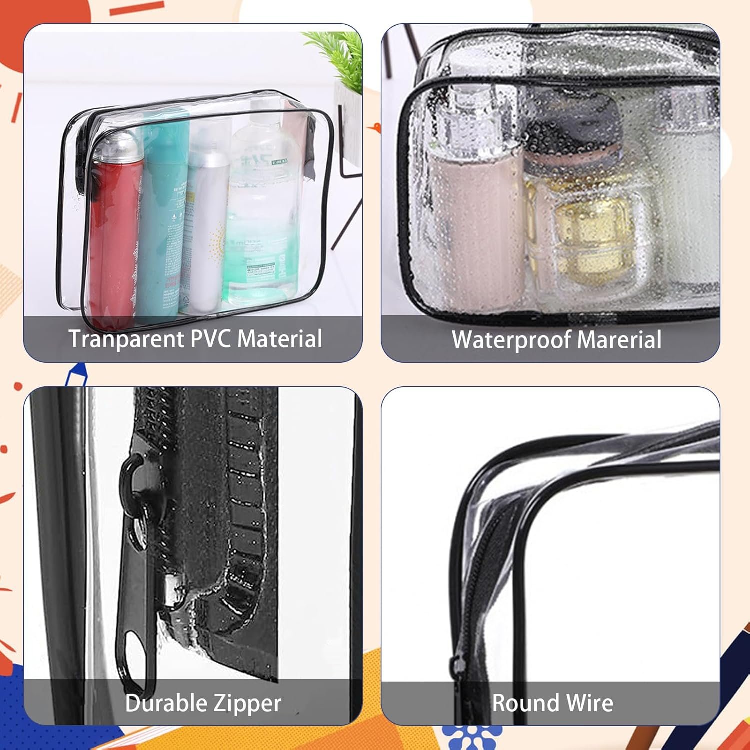 16 Pieces Clear Makeup Bags Bulk, TSA Approved Toiletry Bag for Travel, PVC Waterproof Travel Small Pouches Clear Pouch with Zipper for Men and Women Carry-on Travel Essentials Cosmetic Bags (Black) - Image 4