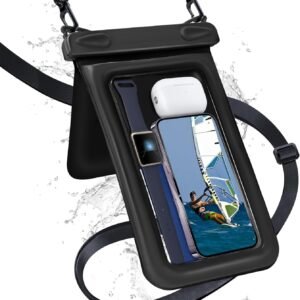 Waterproof Phone Pouch Double Pocket, Floating IPX8 8.5 inch Waterproof Phone Case for Beach Vacation Essentials for Compatible iPhone 16 15 14 Pro Max Galaxy S25 S24 Ultra Phone Pouch Black