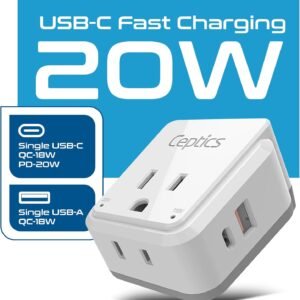 Ceptics World Power Plug Adapter Set, Dual USB & USB-C 3.1A, 20W with QC-PD, 2 USA Outlet Compact & Powerful, Use In Europe, Asia, Australia, Japan, Includes Type A, B, C, E/F, G, I SWadAPt Attachment