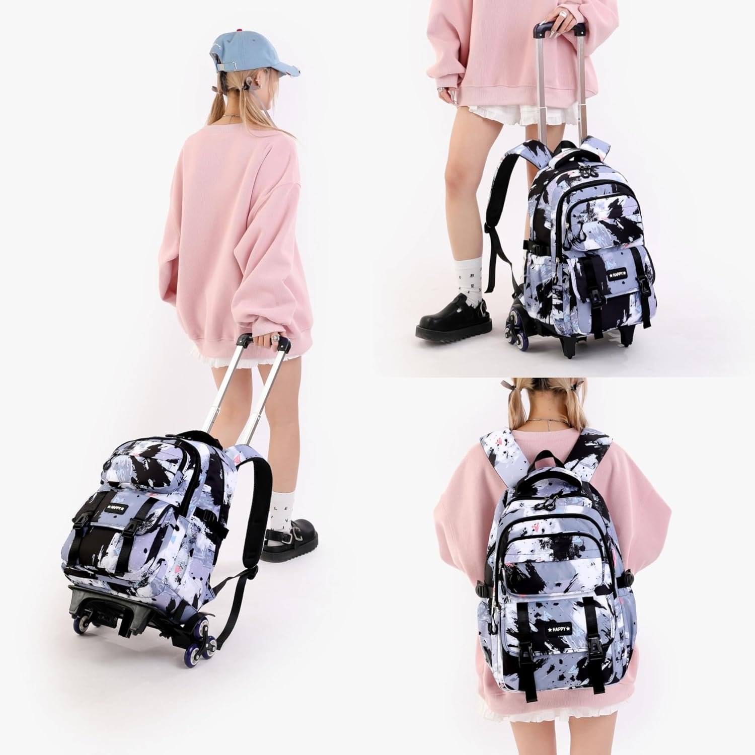 Kids Rolling Backpack for Girls School Backpack with Wheels for Boys Wheeled Bookbags Roller Trolley Bags for Primary Students, 6-Wheel Black - Image 2