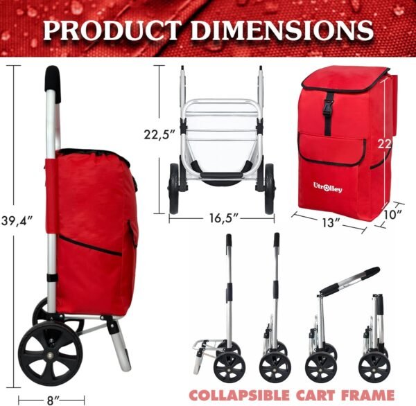 Ultra-Lightweight Foldable Shopping Cart for Groceries - Large 42L Capacity Grocery, Soft Rolling Wheels, Removable Bag, Multi-Use Personal Hand Truck, Red - Image 2