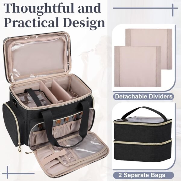 Large Makeup Bag, Portable Travel Makeup Bag Organizer for Women Girls with 2 Removable Pouches & Detachable Dividers, Cosmetic Travel Bag, Toiletry Bag for Makeup and Hair Supplies Black - Image 4