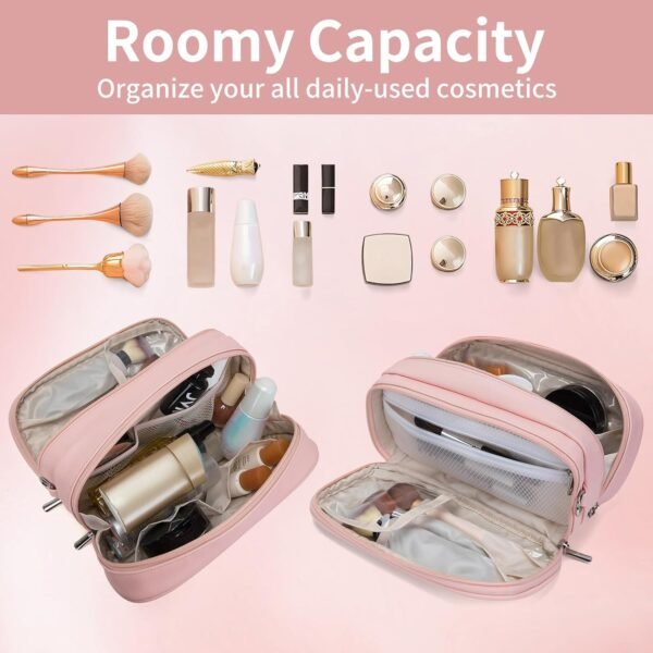 Makeup Bag for Women, Wide-open Makeup Organizer with Makeup Brush Holder, Waterproof Cosmetic Bag with Compartment, Portable Travel-Size Toiletry Bag for Traveling, Large Make Up Bag (Pink) - Image 2