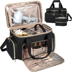 Large Makeup Bag, Portable Travel Makeup Bag Organizer for Women Girls with 2 Removable Pouches & Detachable Dividers, Cosmetic Travel Bag, Toiletry Bag for Makeup and Hair Supplies Black