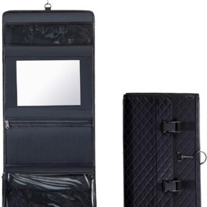 Travel Hanging Toiletry Bag with Mirror Leather Travel Hanging Mirror Foldable Dance Competition Makeup Bag Backstage Cosmetic Organizer for Traveling Dancers Artists Home Spa(Black)