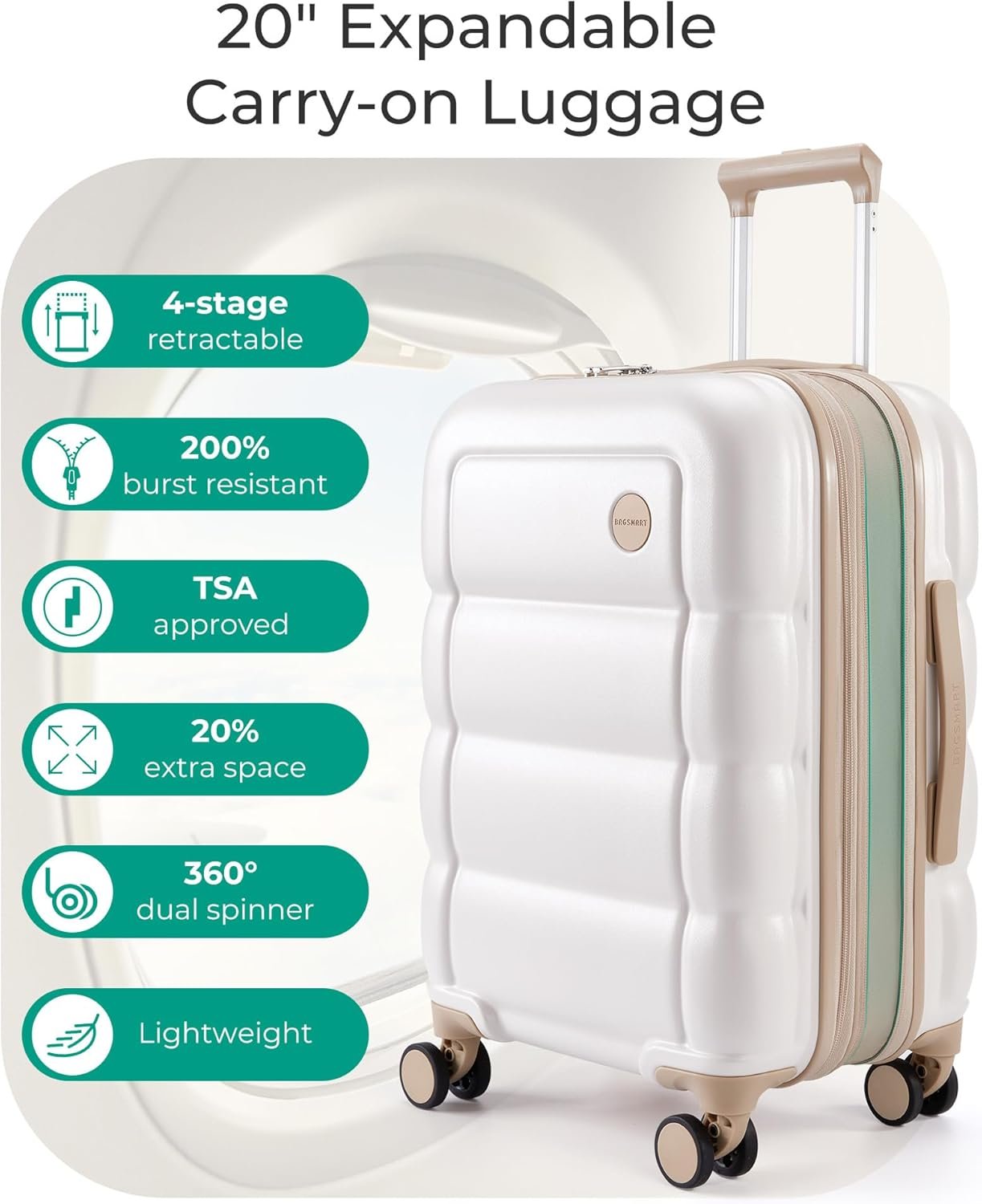 BAGSMART Carry on Luggage with Spinner Wheels, 22x14x9 Carry On Luggage Airline Approved With TSA Lock, Durable Hard Shell Carry On Suitcase 20 inch, Ivory - Image 2