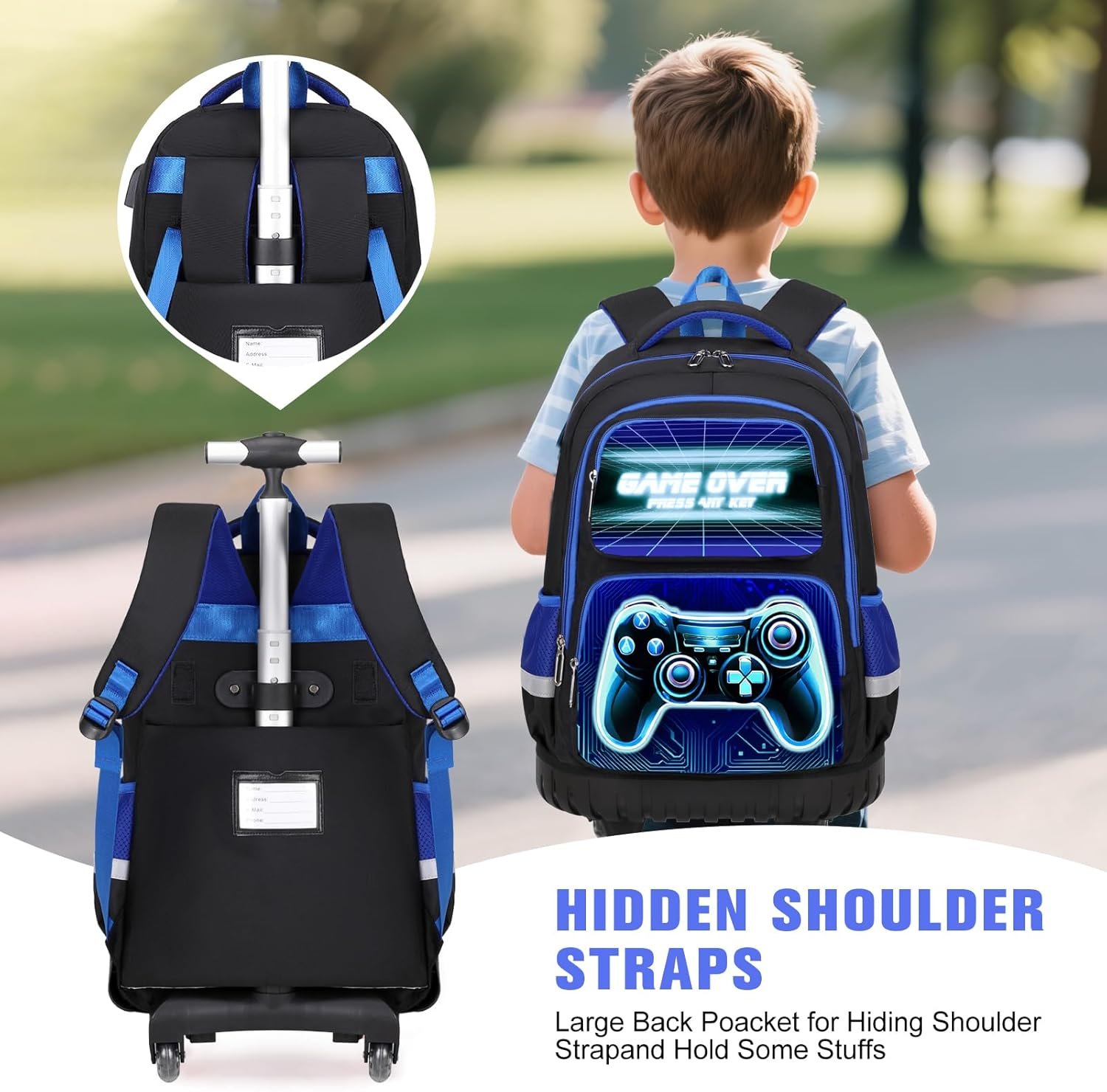 Bevalsa Rolling Backpack for Boys, 3PCS Gamer Roller School Backpacks with Lunch Box & Pen Case, Kids Bookbag Schoolbag with Wheels for Teen Boy Kindergarten Elementary Middle School - Image 4