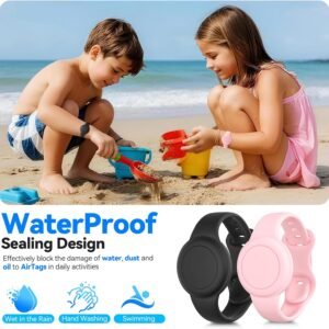 Waterproof 2 Pack Apples AirTags Bracelet for Kid, Hidden Soft Silicone Air Tag Holder Wristband for Kid, Lightweight AirTags GPS Tracker Watch Band for Child – Black+Pink