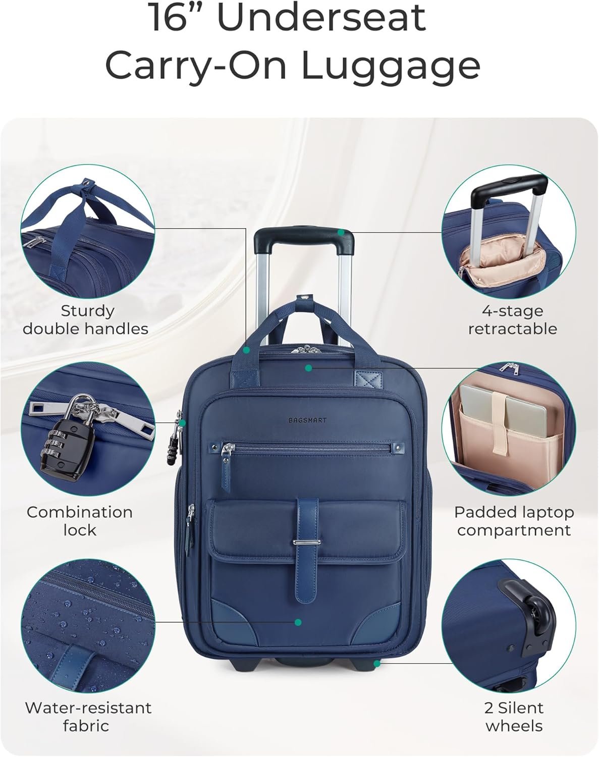 BAGSMART Carry on Luggage with Wheels, 16-inch Underseat Travel Suitcase Airline approved, Lightweight Softside Carry-on Luggage for Airplanes Women Overnight Rolling Bags for Short Trip, Navy Blue - Image 2