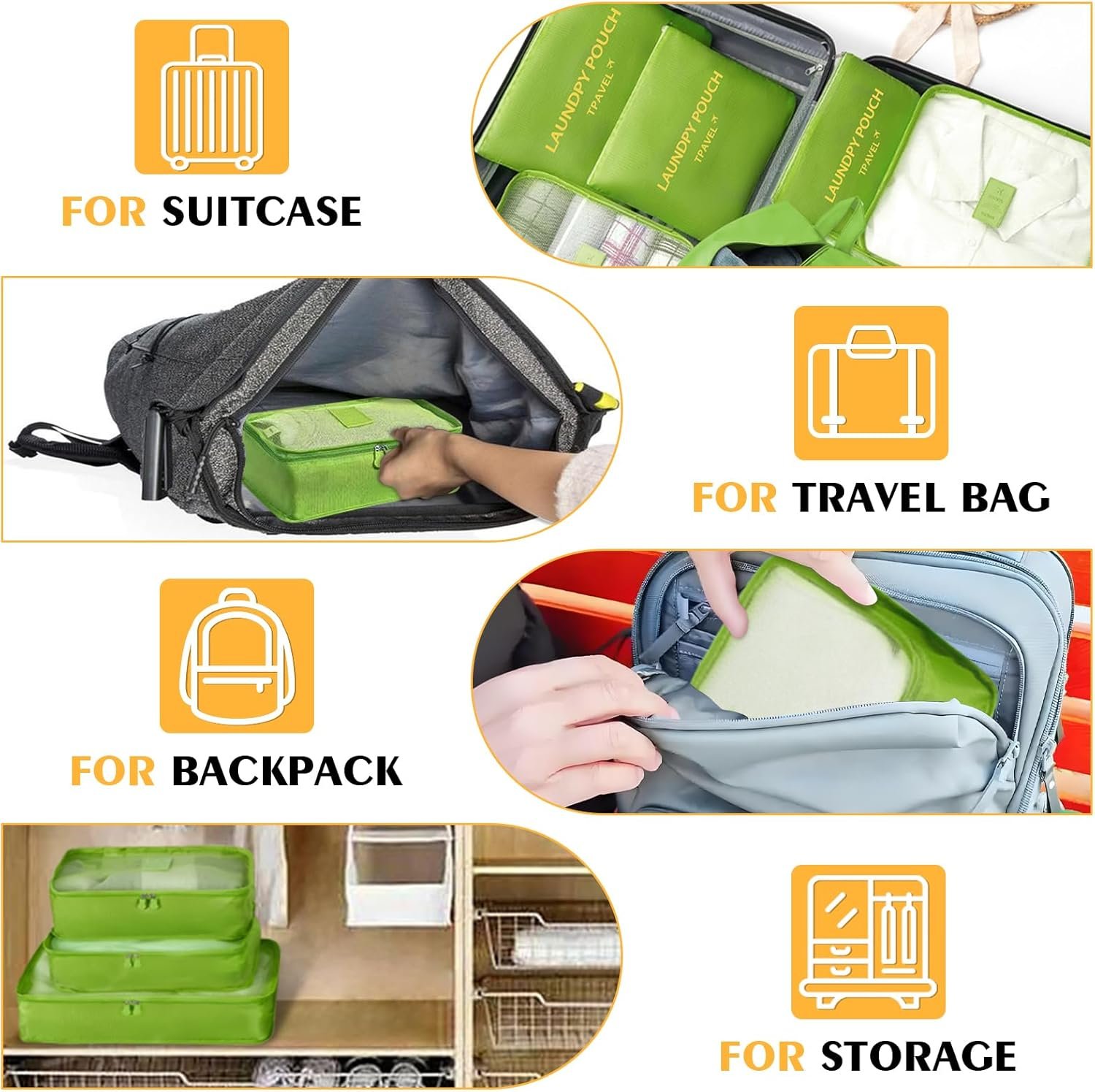 7 Set Packing Cubes for Travel Luggage Packing Bags Reusable Waterproof Suitcase Organizer Bags Set with Shoe Bag and Toiletry Bag (Green) - Image 8