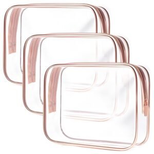 Clear Toiletry Bag, 3 Packs TSA Approved Water resistant Travel Organizer, Airport Airline Travel Essential Carry On Makeup Cosmetic Bags for Women, RosePink – 3 packs
