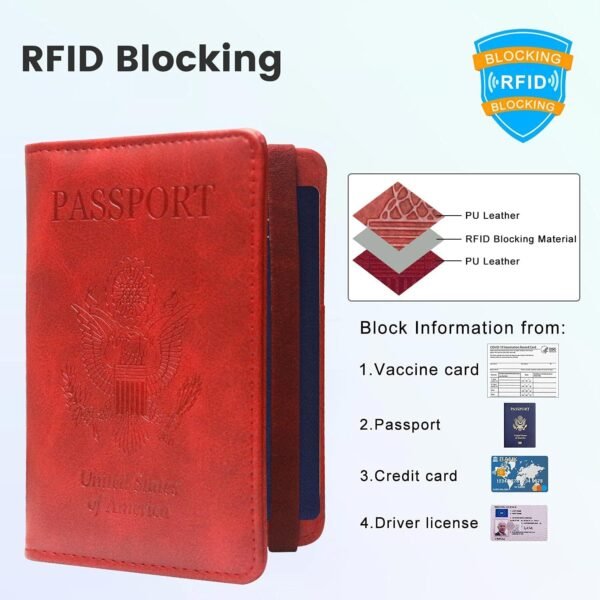Leather Passport Holder, Rfid Blocking Passport and Vaccine Card Holder Combo Passport Id Organize Wallet Cover Case with Vaccine Card Slot Pasaport Holder Book for Girls Women Men(Wind Red) - Image 3