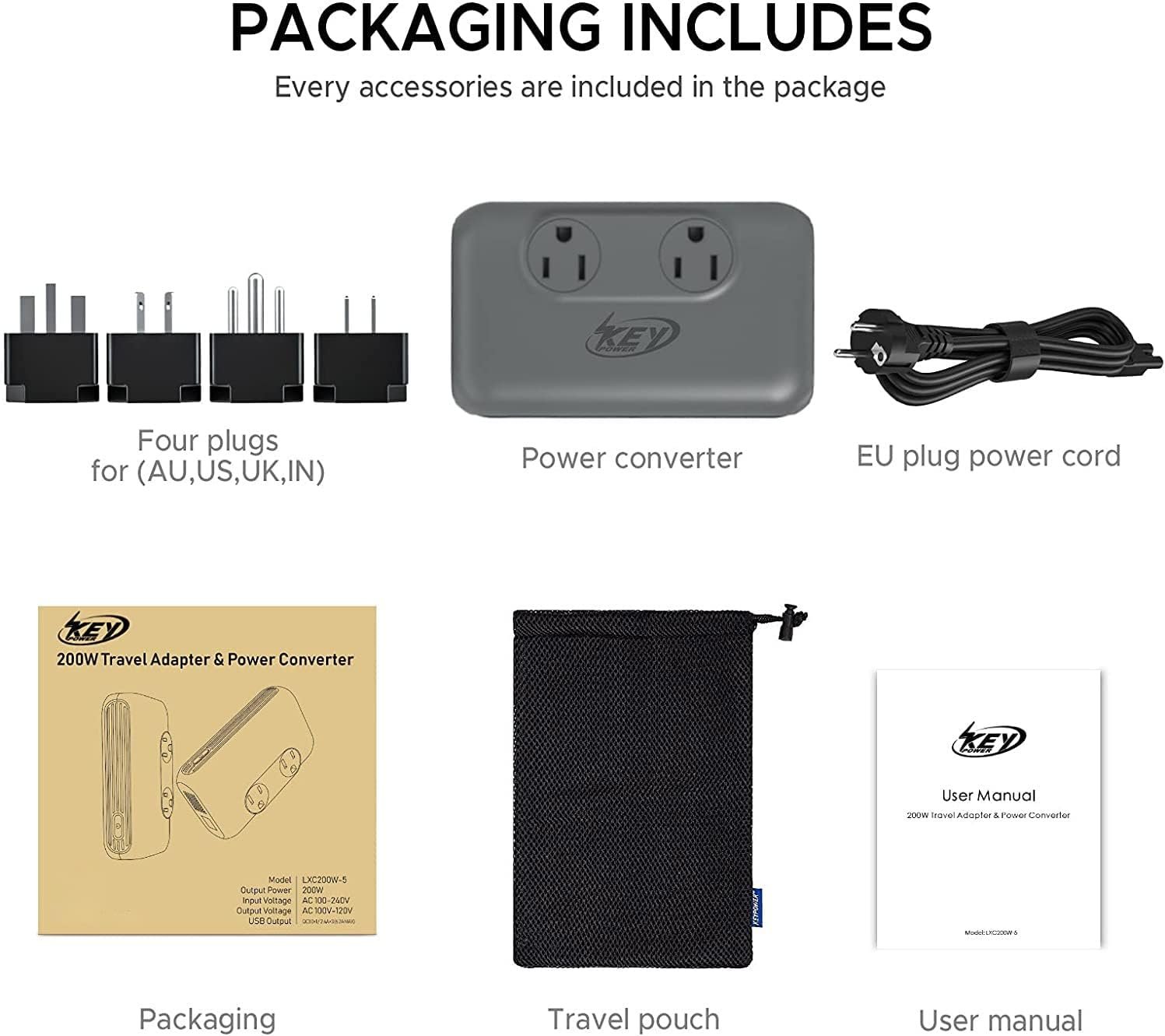 220V to 110V Converter, Key Power 230-Watt Step Down Voltage Converter & Power Converter, International Travel Power Adapter with USB C Port 18W. - Image 7