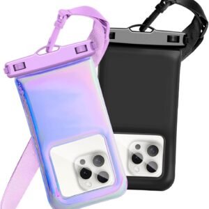 Floatable Waterproof Phone Pouch Case 2 Pax for iPhone 16 Pro Max/15/14/13/12, IP68 Travel Cellphone Dry Bag Beach Cruise Ship Essentials Bags with Crossbody Lanyard, Iridescent Purple and Black-7″
