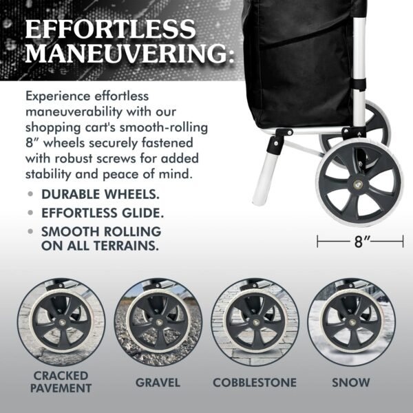 Ultra Lightweight Foldable Shopping Cart for Groceries, Large 40L Capacity Groceries Cart on Soft Rolling Wheels, Removable Bag, Multi-Use Personal Hand Truck (Black) - Image 4