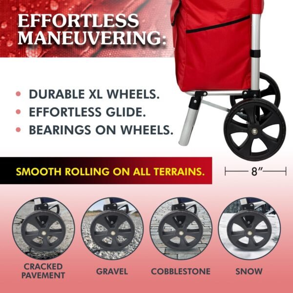 Ultra-Lightweight Foldable Shopping Cart for Groceries - Large 42L Capacity Grocery, Soft Rolling Wheels, Removable Bag, Multi-Use Personal Hand Truck, Red - Image 6