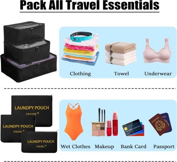 6 Set Packing Cubes for Travel Luggage Packing Bags Reusable Waterproof Suitcase Organizer Bags Set with Shoe Bag and Toiletry Bag (Black) - Image 5