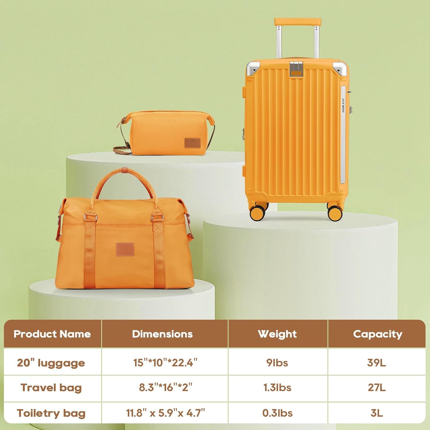 Joyway 20in Carry On Luggage with Cup Holder and USB Port, 25% Expandable Capacity, Smart Suitcase with Anti Slip Wheels and Handbag, Perfect for Men and Women 3 Piece Set Orange - Image 5