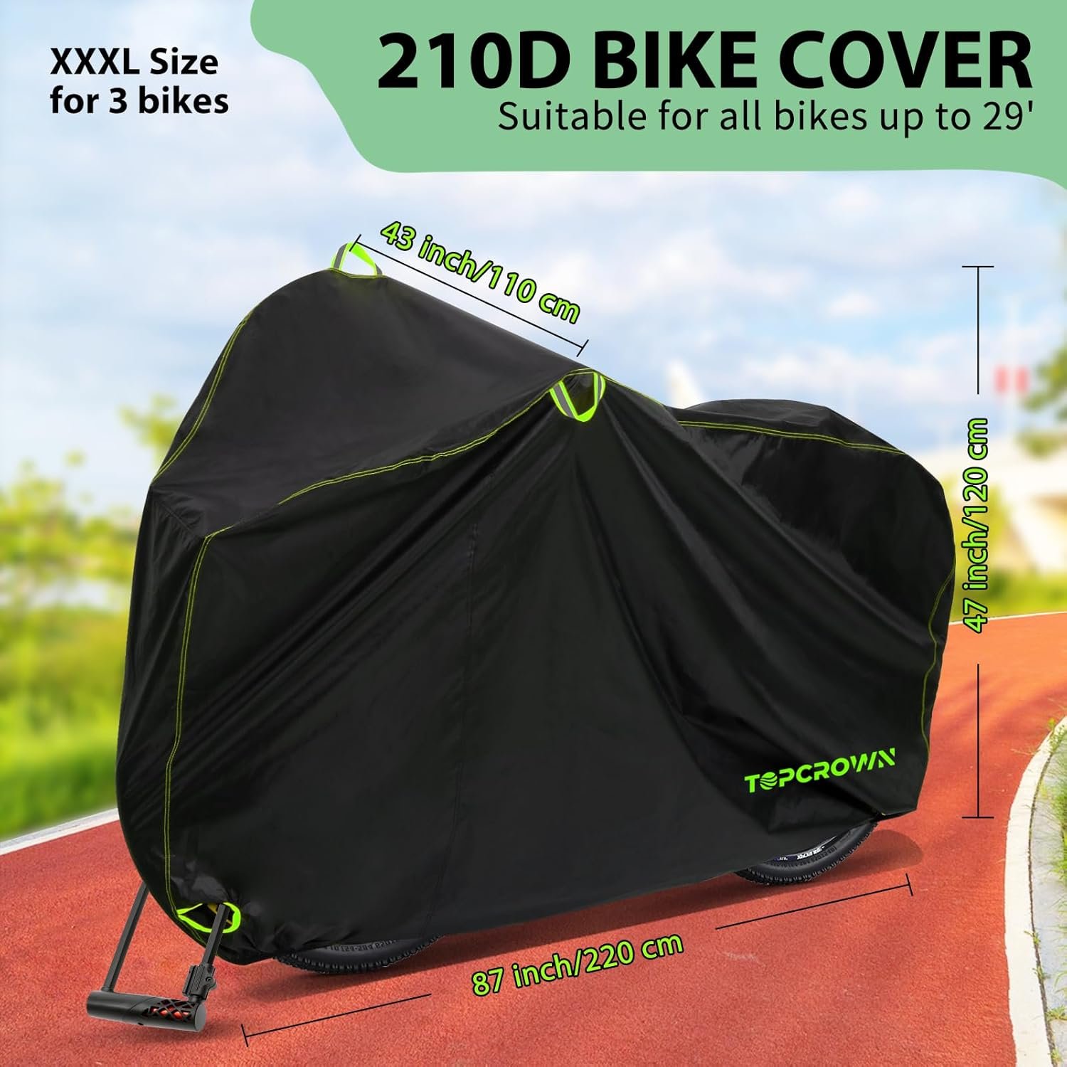 Bike Cover Waterproof Outdoor Storage for 3 Bikes, Bicycle Cover Rain Sun UV Dust Wind Proof with Storage Bag for Mountain Road Bike/Ebike (210D Black+Green, XXXL Size for 3 bikes) - Image 2
