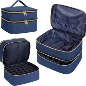 Nail Polish Organizer Bag Double Layer Capacity Portable Travel Storage Case Holds 30 Bottles (15 ml/0.51 floz) Nail Supplies Holder Bag Designed for Nail Tools Blue