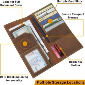 WANDERINGS Genuine Leather Passport Wallet – 4.25 x 9 – Large Leather Passport Holder for Travel – Folding Leather Travel Wallet Case with RFID Blocking, Travel Organizer for Men and Women
