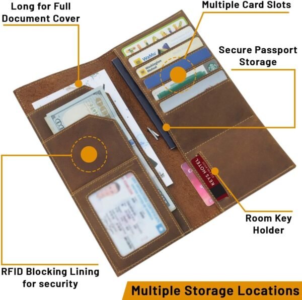 WANDERINGS Genuine Leather Passport Wallet - 4.25 x 9 - Large Leather Passport Holder for Travel - Folding Leather Travel Wallet Case with RFID Blocking, Travel Organizer for Men and Women - Image 2