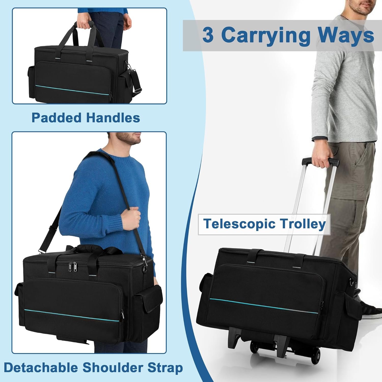 Large Rolling DJ Cable Bag, Padded Gig Bag with Detachable Trolley & Divider, Music Gear Case with Multi Pockets for 15.6" Laptop, DJ Gear, Musical Instrument, Sound Equipment Storage - Image 6