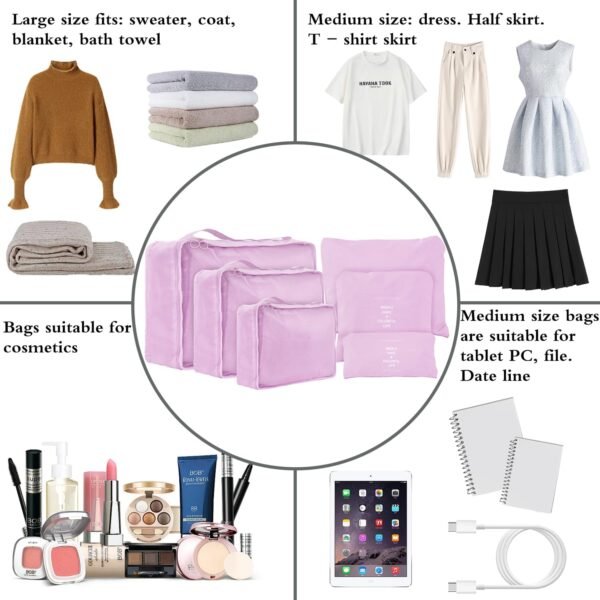 6 Set Compression Packing Cubes For Travel,Lightweight Travel Essentials,Luggage Organizers for Suitcase,Travel Accessories Bags for Clothes,Shoes,Electronics,Cosmetics Toiletries (Light Pink) - Image 4