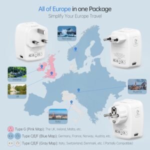 BEONDON European Travel Adapter Kit with Detachable Plugs (C/E/F/G) for UK, France, Germany, Italy, Spain & More – 2 US Outlets & 5 USB Ports (3 USB C) – Multi-Device Charger