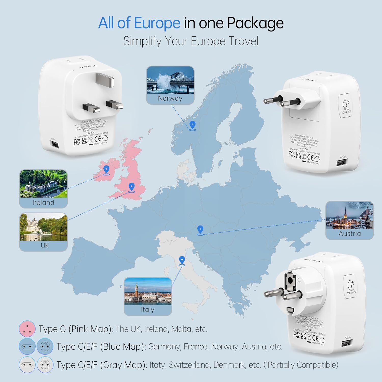 BEONDON European Travel Adapter Kit with Detachable Plugs (C/E/F/G) for UK, France, Germany, Italy, Spain & More - 2 US Outlets & 5 USB Ports (3 USB C) - Multi-Device Charger - Image 2