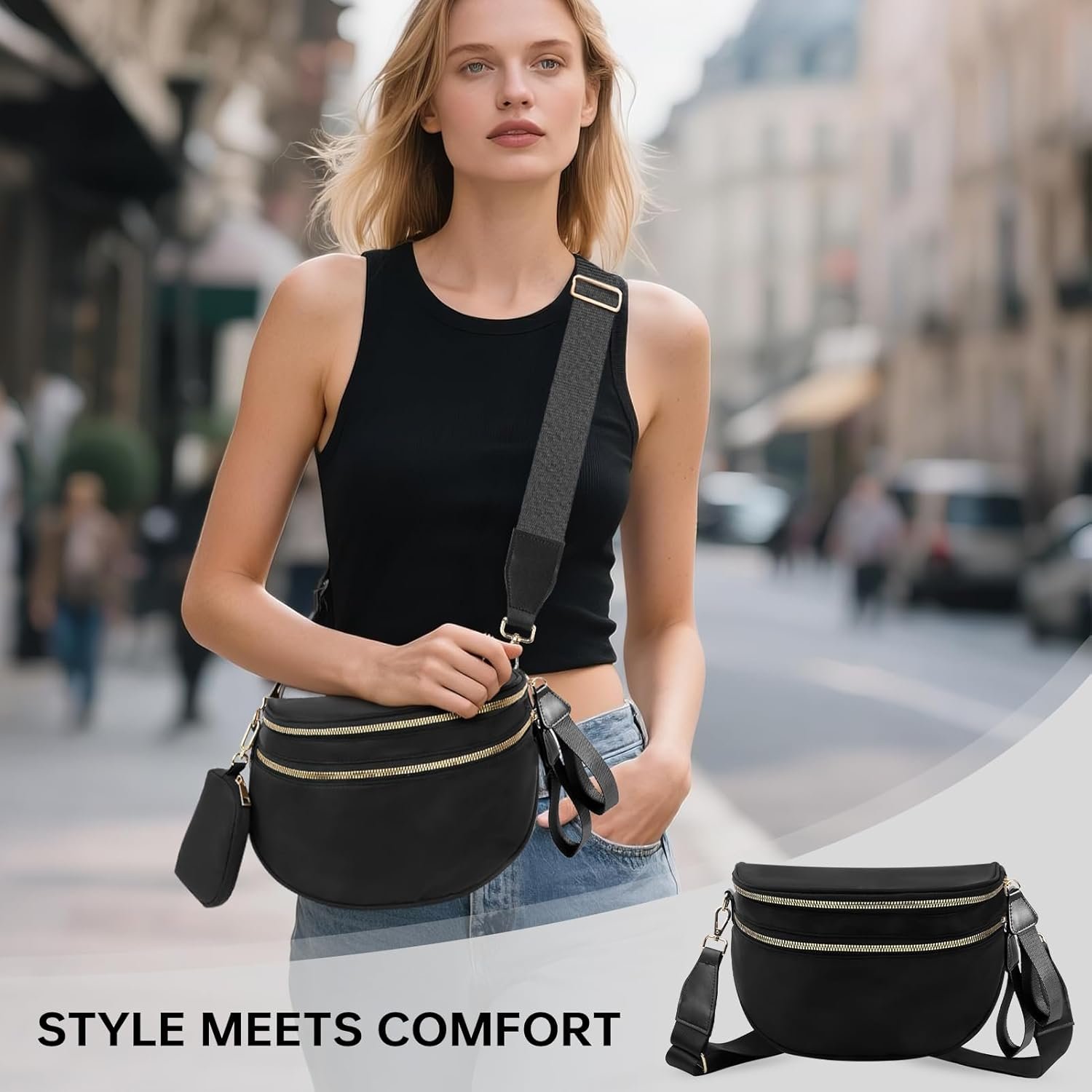 Cross Body Bag for Women Checkered Crossbody Bags Bum Bag for Women Fanny Packs for Girls Small Nylon Checkered Purse Trendy Shoulder Pouch for Womens (Black, One Size) - Image 3