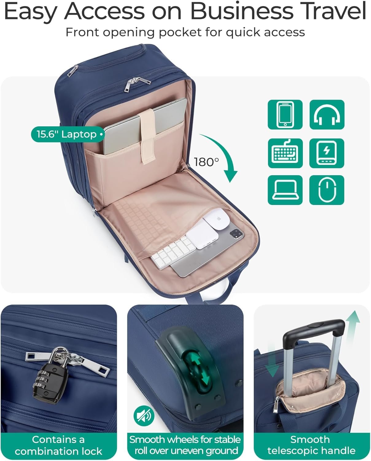 BAGSMART Carry on Luggage with Wheels, 16-inch Underseat Travel Suitcase Airline approved, Lightweight Softside Carry-on Luggage for Airplanes Women Overnight Rolling Bags for Short Trip, Navy Blue - Image 5