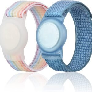 Kids Wristband Compatible with Apple AirTag, Protective Case for Air Tag GPS Tracker Holder with Nylon Bracelet, Adjustable Anti Lost Watch Band for Toddler Child Elder(Rainbow A & Blue)