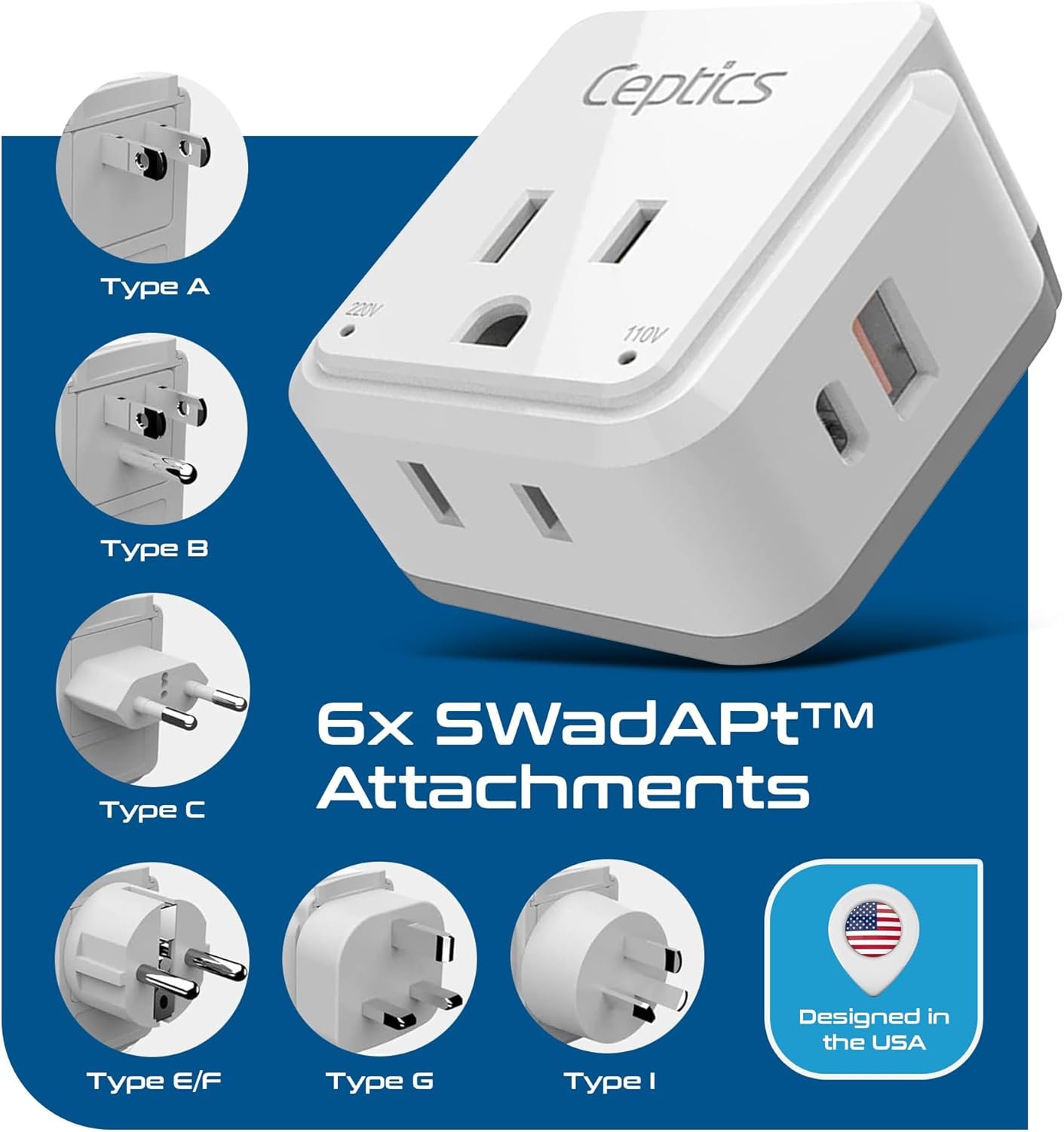 Ceptics World Power Plug Adapter Set, Dual USB & USB-C 3.1A, 20W with QC-PD, 2 USA Outlet Compact & Powerful, Use In Europe, Asia, Australia, Japan, Includes Type A, B, C, E/F, G, I SWadAPt Attachment - Image 3
