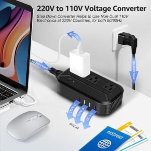 Voltage Converter 2300W Power Step Down 220V to 110V Universal Travel Adapter Power Converter Power Transformer w/ 3 AC Outlets 3 USB Ports 1 Type-C Charging for EU/UK/AU/US/IT/India/South Africa