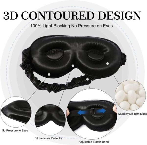 ZIMASILK Adjustable 22 Momme 100% Pure Mulberry Silk Sleep Mask, 3D Contoured Cup Eye Mask for Sleeping, Super Soft Breathable Blindfold, Perfect Blocks Light for Sleeping (Black) - Image 2