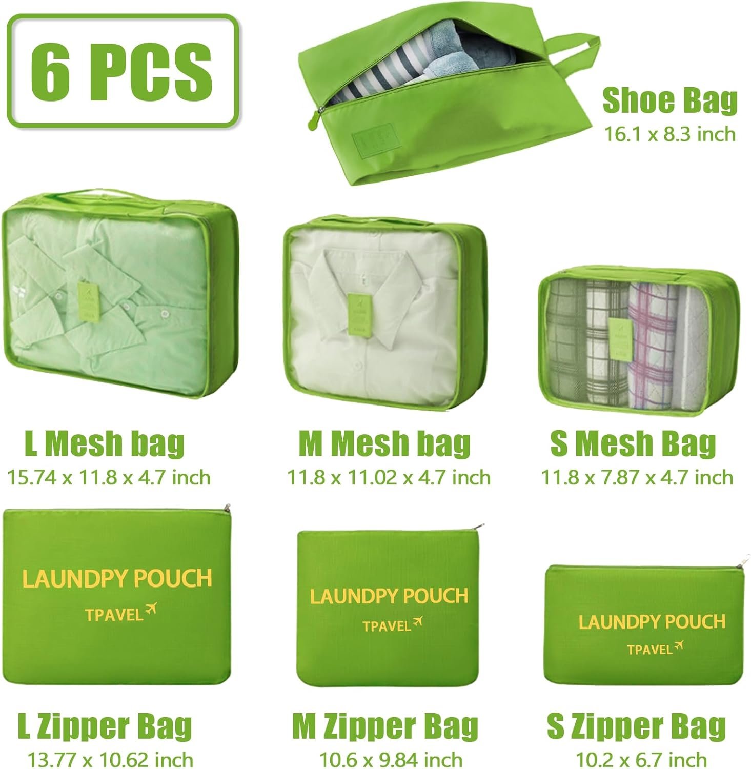 7 Set Packing Cubes for Travel Luggage Packing Bags Reusable Waterproof Suitcase Organizer Bags Set with Shoe Bag and Toiletry Bag (Green) - Image 3