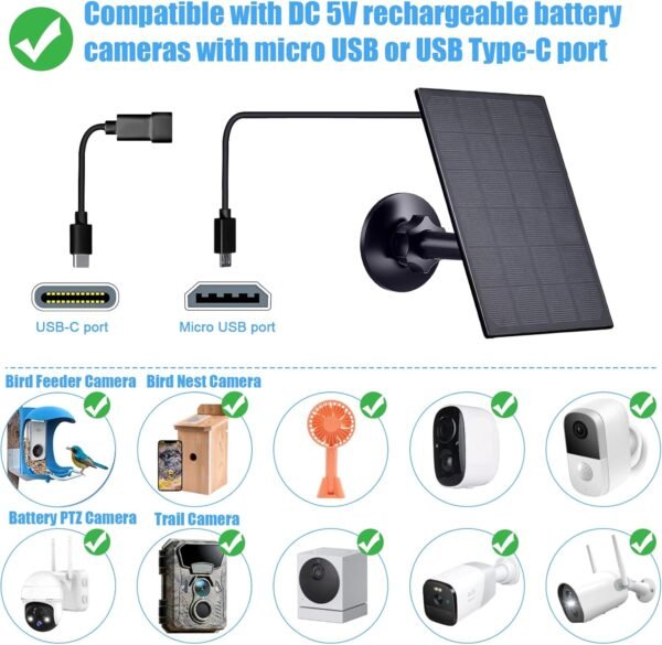 Zivif Solar Panel for Security Camera, 2W Solar Charger with Micro USB & USB-C Port for Rechargeable Battery Camera, with 360° Adjustable Security Mount, Black (2 Pack) - Image 3