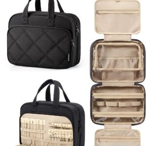 BAGSMART HangingToiletry Bag for Women, Puffy Travel Toiletry Bag with Jewelry Organizer, Waterproof Cosmetic Makeup Bag Compartment, Toiletries Kit Set for Traveling, Accessories, Essentials (Large)