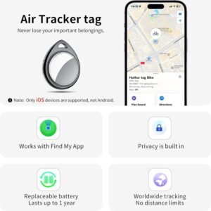 Air Tracker Tags-4 Pack, 5.3 Bluetooth Tracker Work with Apple Find My (iOS Only), 100dB Sound, Smart Tag with Keychain/Lanyard, Item Finder for Luggage/Key/Suitcase, Replaceable Battery, Black.