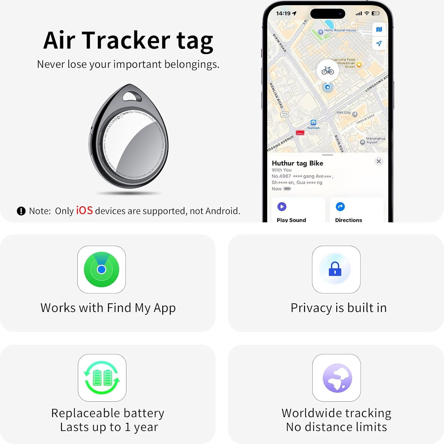 Air Tracker Tags-4 Pack, 5.3 Bluetooth Tracker Work with Apple Find My (iOS Only), 100dB Sound, Smart Tag with Keychain/Lanyard, Item Finder for Luggage/Key/Suitcase, Replaceable Battery, Black. - Image 2
