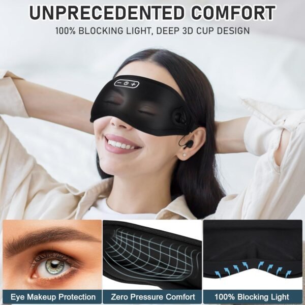 White Noise Sleep Mask, Breathable 3D Soft Eye Mask with Earplugs for Side Sleepers, Blackout 3D Contoured Eye Cover with Adjustable Strap for Women Men, no Bluetooth, no APP(Black) - Image 3
