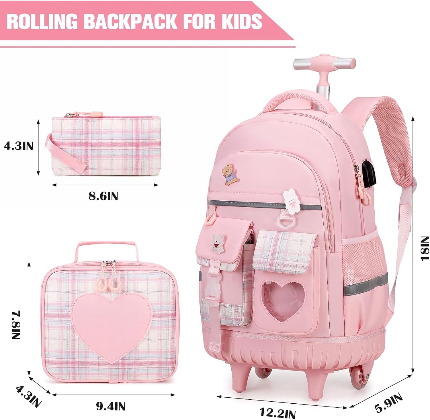 Rolling Backpack for Girls - Roller Wheels School Bookbag with Lunch Bag & Pencil Pouch for Teen Girls Kids Wheeled Suitcase Backpacks, Elementary Middle School Travel Daypack (Pink) - Image 2