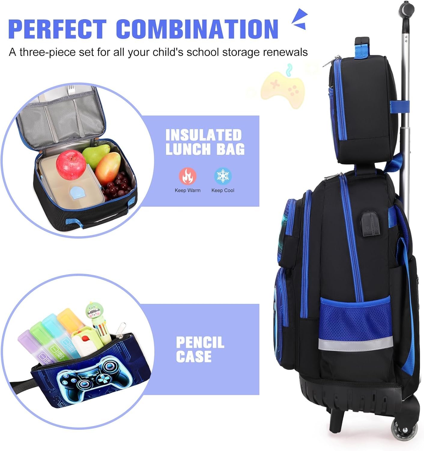 Bevalsa Rolling Backpack for Boys, 3PCS Gamer Roller School Backpacks with Lunch Box & Pen Case, Kids Bookbag Schoolbag with Wheels for Teen Boy Kindergarten Elementary Middle School - Image 6
