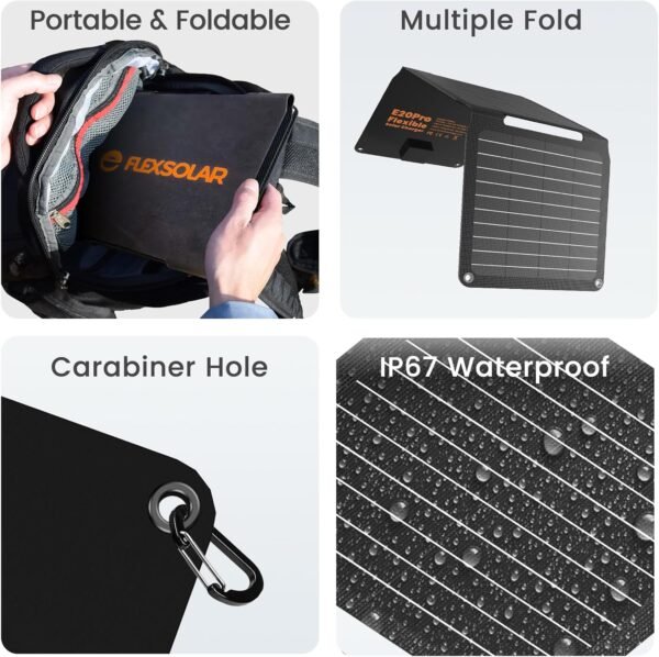 [Upgraded] FlexSolar 20W Portable Solar Panel, High Efficiency ETFE Foldable Panels with 5V USB A/USB C Ports, IP67 Waterproof Power Emergency Solar Charger for Phone Power Bank Camping Backpacking - Image 5