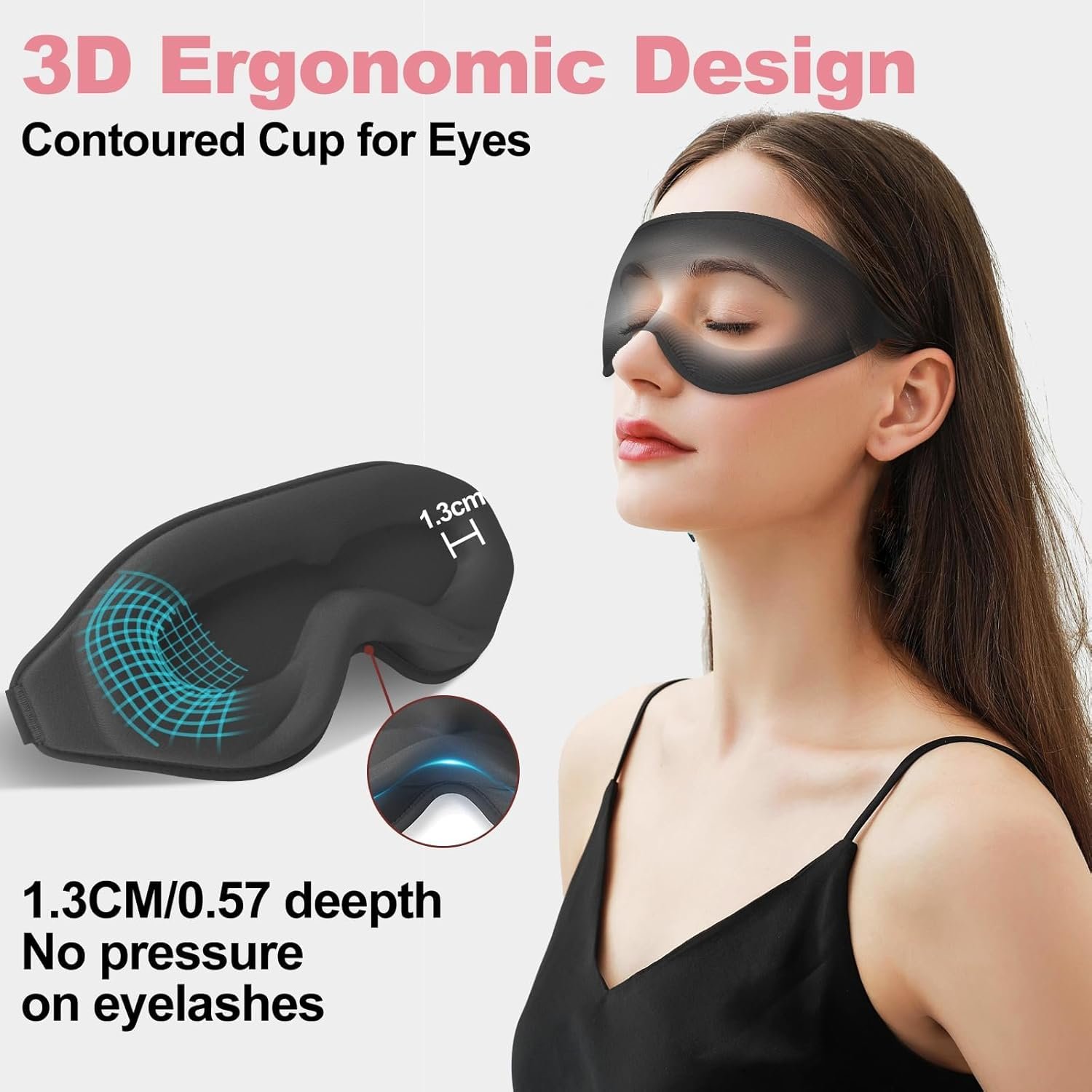Sleep Mask, 3D Deep Contoured Eye Covers for Sleeping, Memory Foam Block Out Light Eye Mask, Zero Eye Pressure Cup Blindfold for Men Women, with Adjustable Strap for Yoga, Traveling (Black) - Image 4